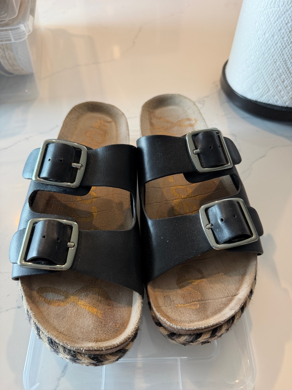Sam Edelman black, leather double buckle woven espadrille  platform slides